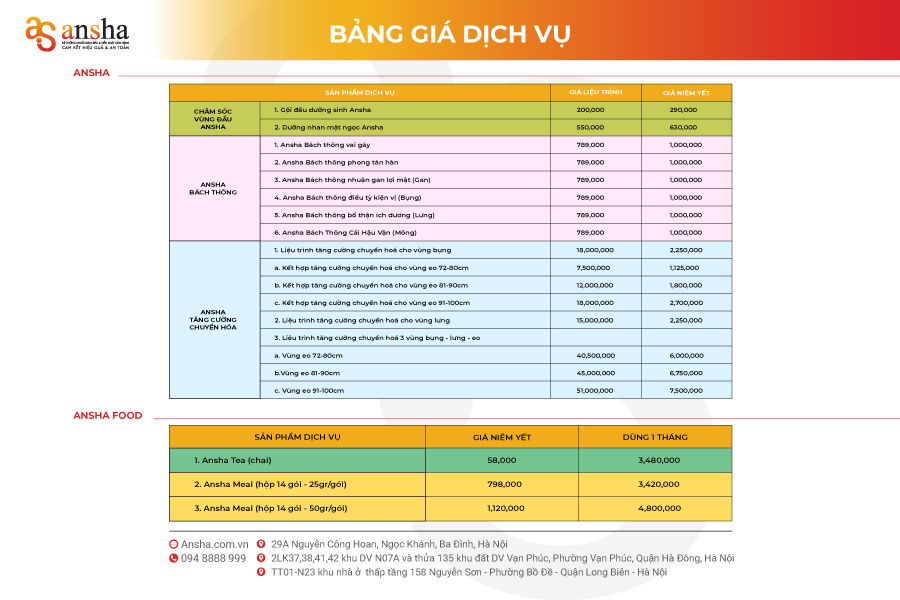 Bảng giá niêm yết hệ thống Ansha Group